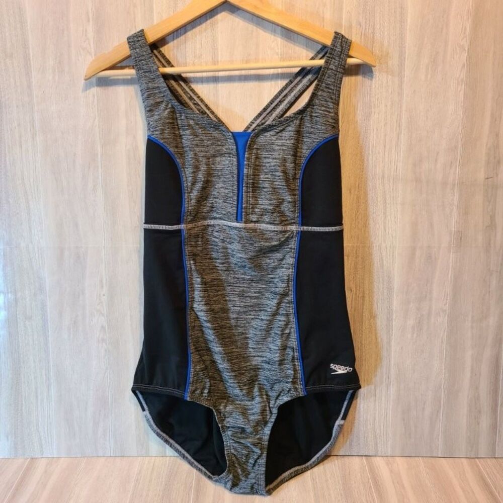 Speedo One Piece Swimsuit Womens Medium Black Gray Racerback Athletic Swimwear
